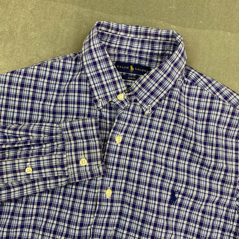 Ralph Lauren Slim Fit Button Up Shirt Blue Plaid Men’s Large